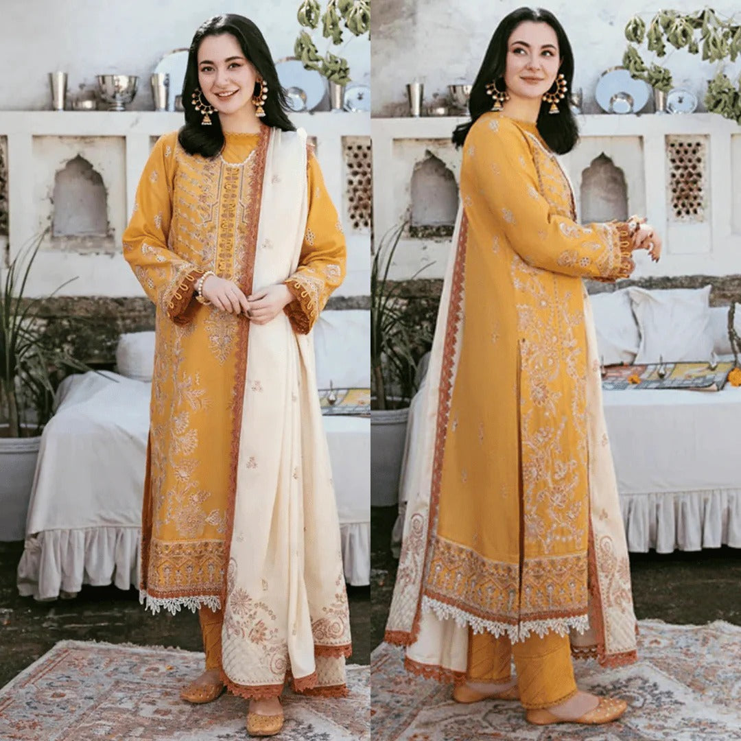Florent  – 3PC Unstitched Dhanak Embroidered Suit with  Dhanak Embroidered  Shawl  & Trouser