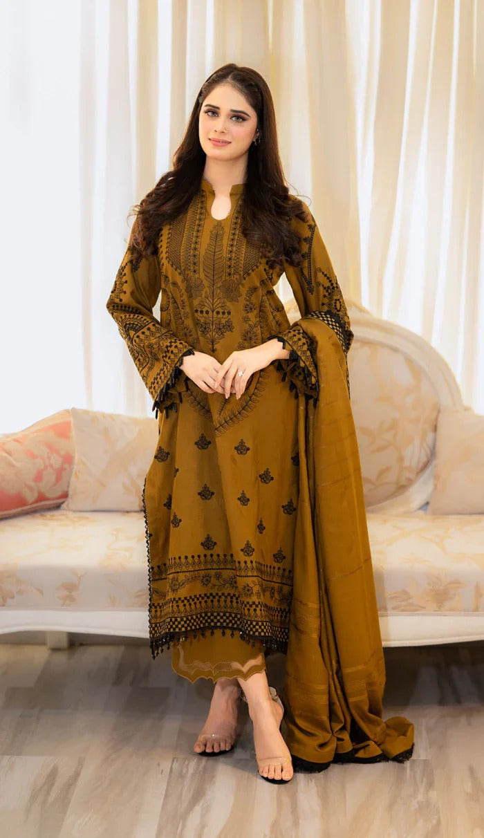 Libaas – 3PC Unstitched Dhanak Embroidered Suit with  Dhanak Embroidered  Shawl  & Trouser.