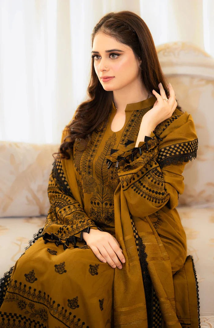 Libaas – 3PC Unstitched Dhanak Embroidered Suit with  Dhanak Embroidered  Shawl  & Trouser.