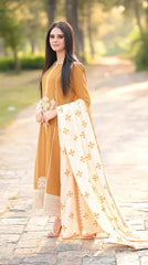 Libaas – 3PC Unstitched Dhanak Embroidered Suit with  Dhanak Embroidered  Shawl  & Trouser.