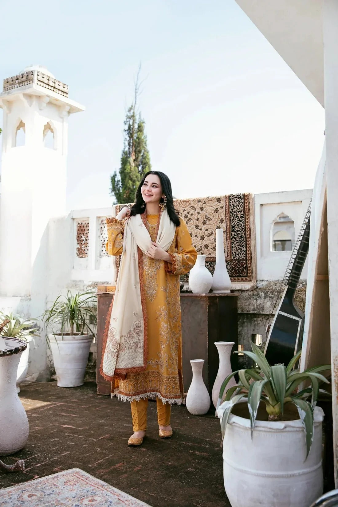 Florent  – 3PC Unstitched Dhanak Embroidered Suit with  Dhanak Embroidered  Shawl  & Trouser