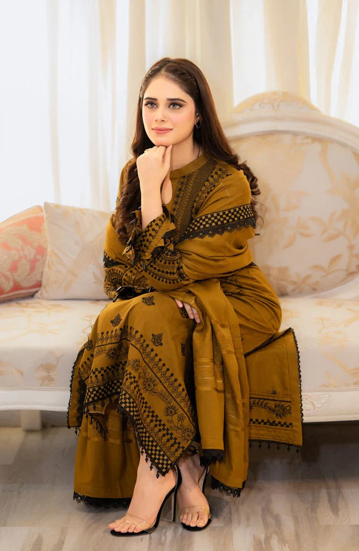 Libaas – 3PC Unstitched Dhanak Embroidered Suit with  Dhanak Embroidered  Shawl  & Trouser.