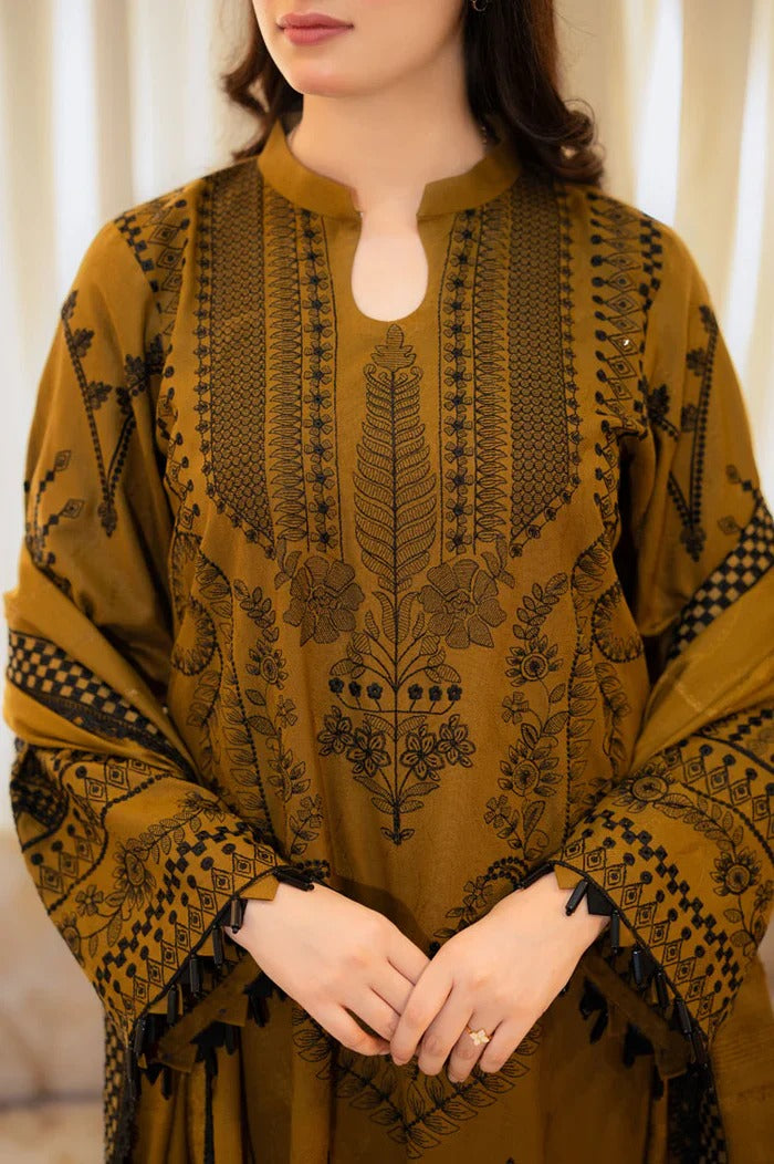 Libaas – 3PC Unstitched Dhanak Embroidered Suit with  Dhanak Embroidered  Shawl  & Trouser.