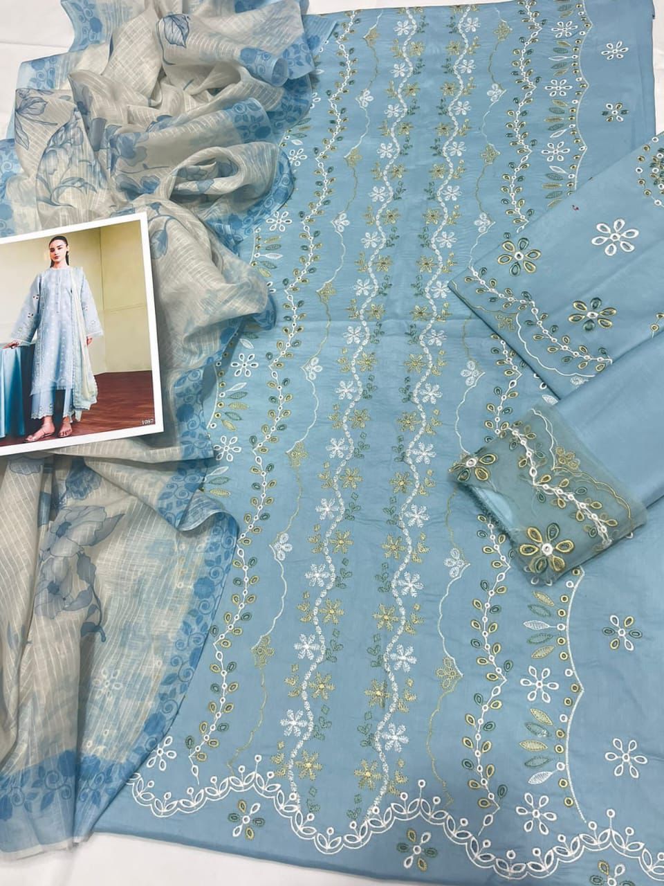 Coco 1087 – 3PC Chikankari Embroidered Lawn Suit with Diamond Dupatta