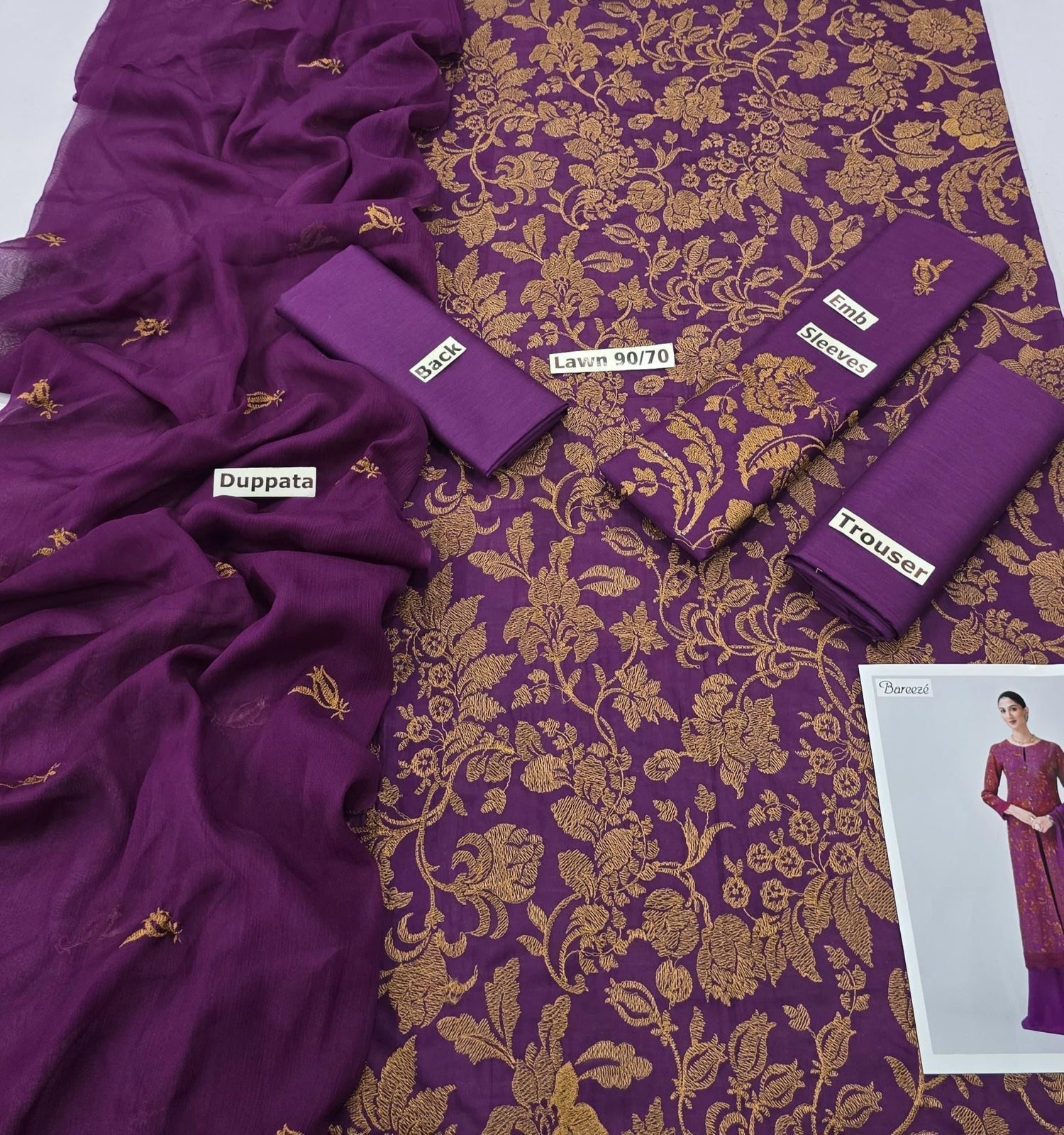 Bareeze BA128b – Elegant 3PC Embroidered Lawn Suit with Bamber Dupatta